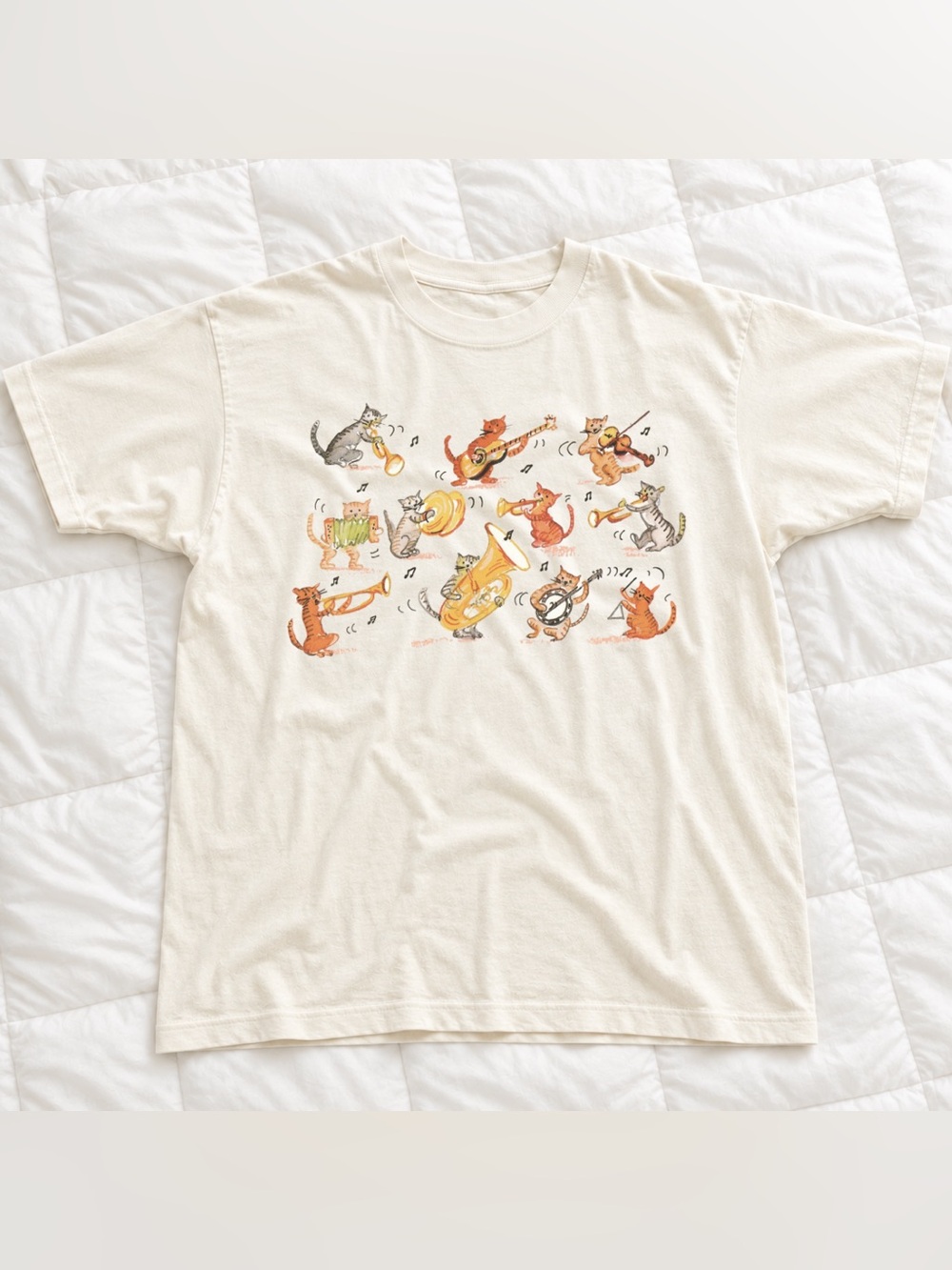 Cats Band Graphic T-Shirt - Off White Vintage Illustration With Colorful Cat